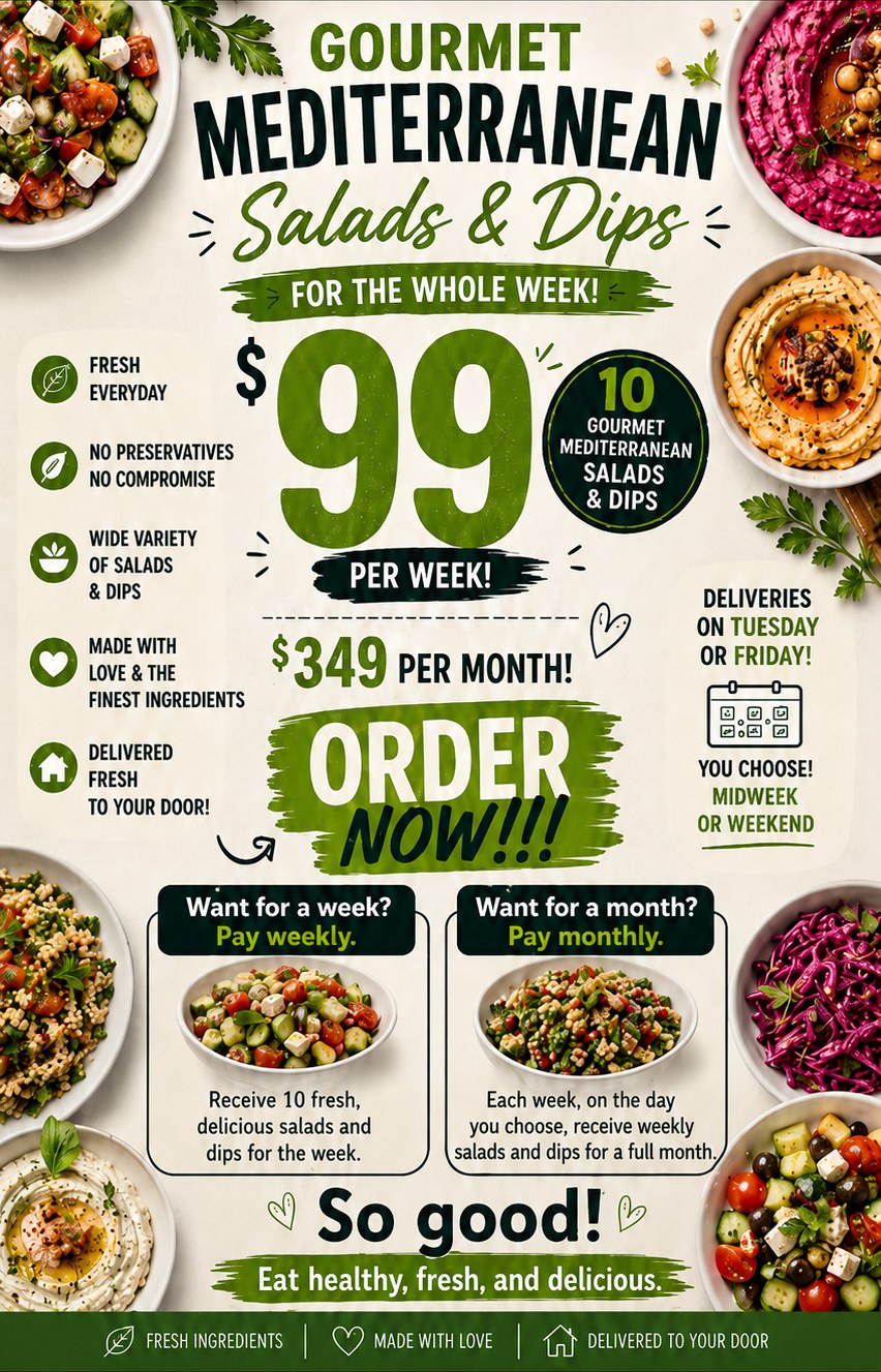 Simply Fresh Catering weekly special: 10 gourmet Mediterranean salads & dips for $99